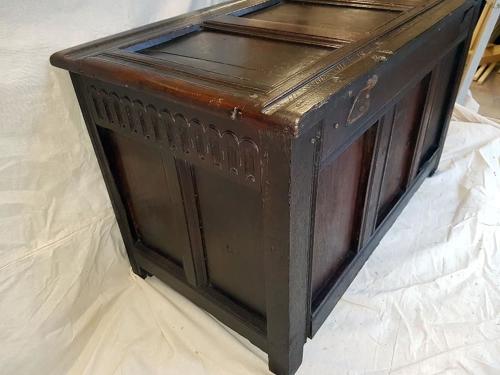 Seventeenth century carved oak three panelled coffer