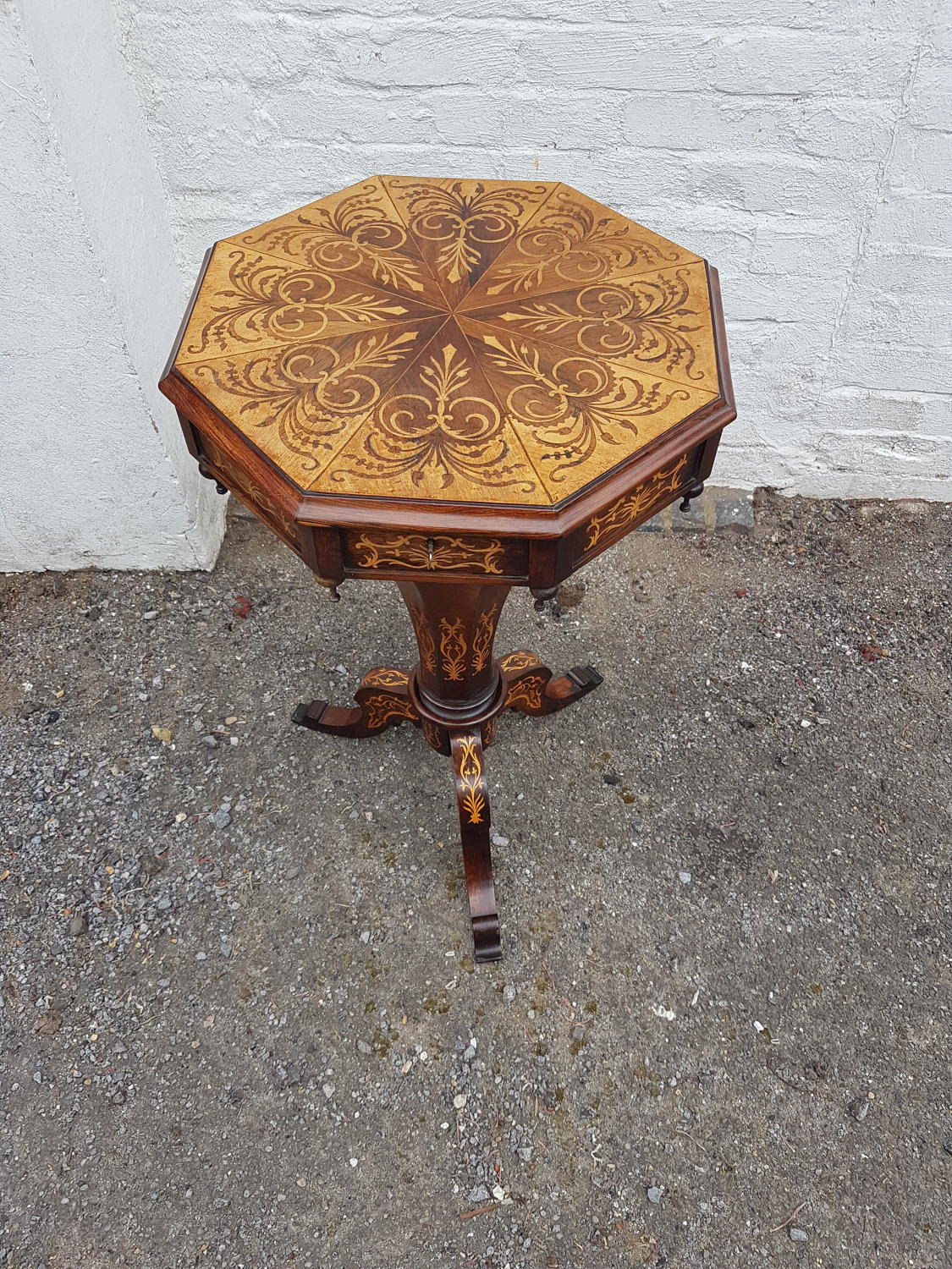 Victorian boxwood inlaid trumpet sewing table