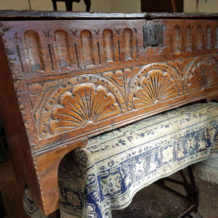 16/17th century Antique English carved oak and elm six plank coffer
