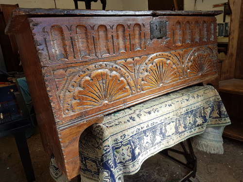 16/17th century Antique English carved oak and elm six plank coffer