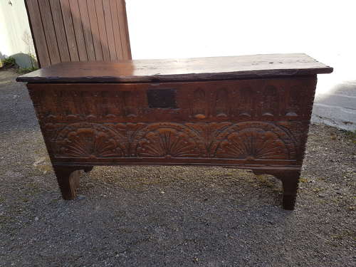16/17th century Antique English carved oak and elm six plank coffer